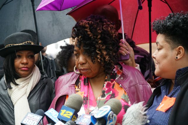 Gwen Carr, Eric Garner's mother, speaking to reporters outside police headquarters on Monday